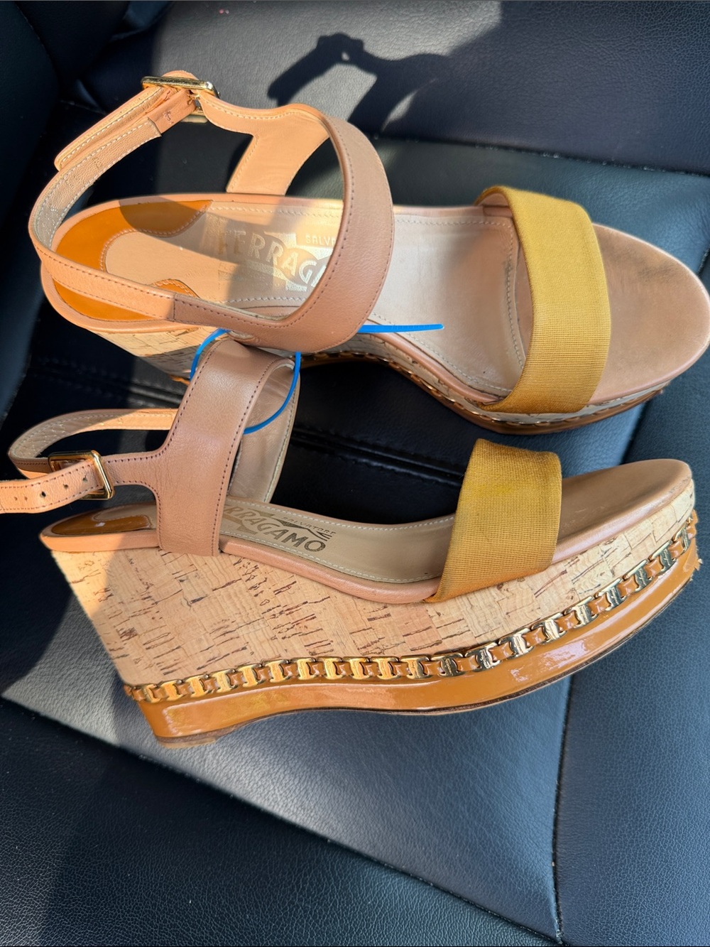 Salvatore Ferragamo Tan & Mustard Cork Wedge Sandals